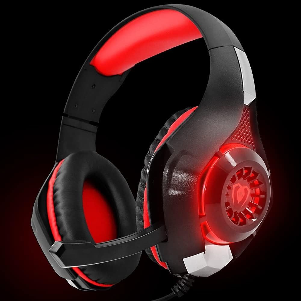 Black and red gaming headset on a dark background