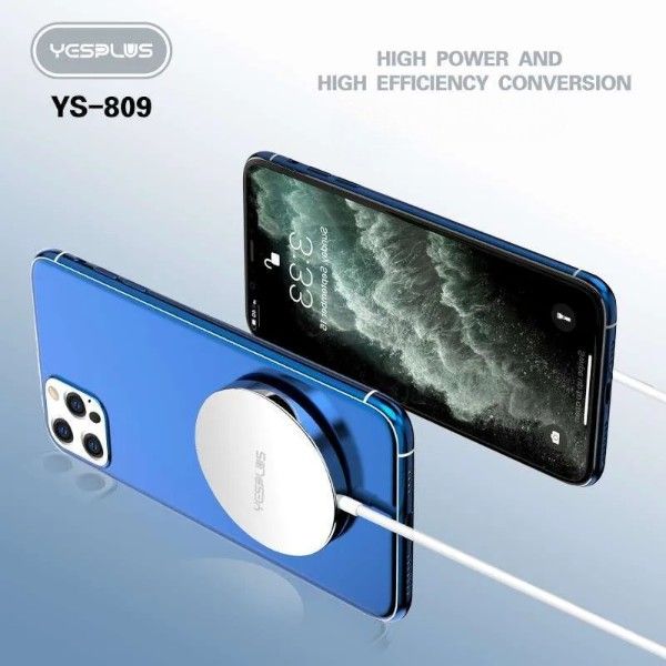 Blue phone case with charging cable and 'YESPLUS' branding on a light gray background