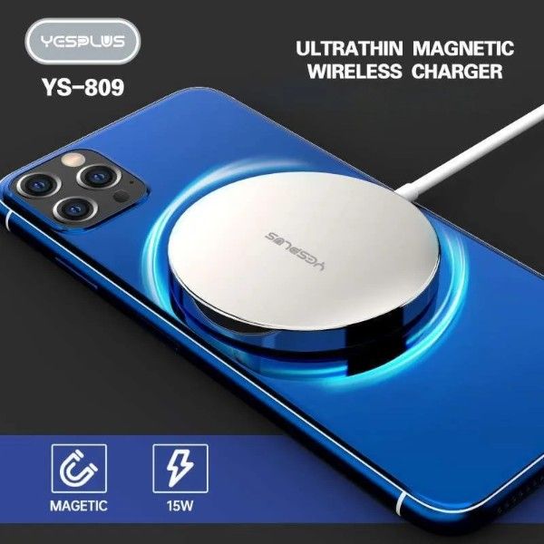 Blue phone with YSPLUS ultrathin magnetic wireless charger on a black background