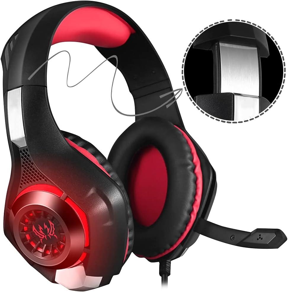 Gaming headset with red and black design on a white background