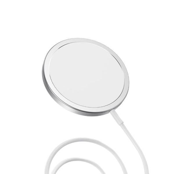 Round metallic object with a cable on a white background