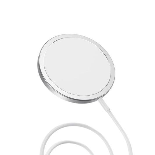 Round metallic object with a cable on a white background