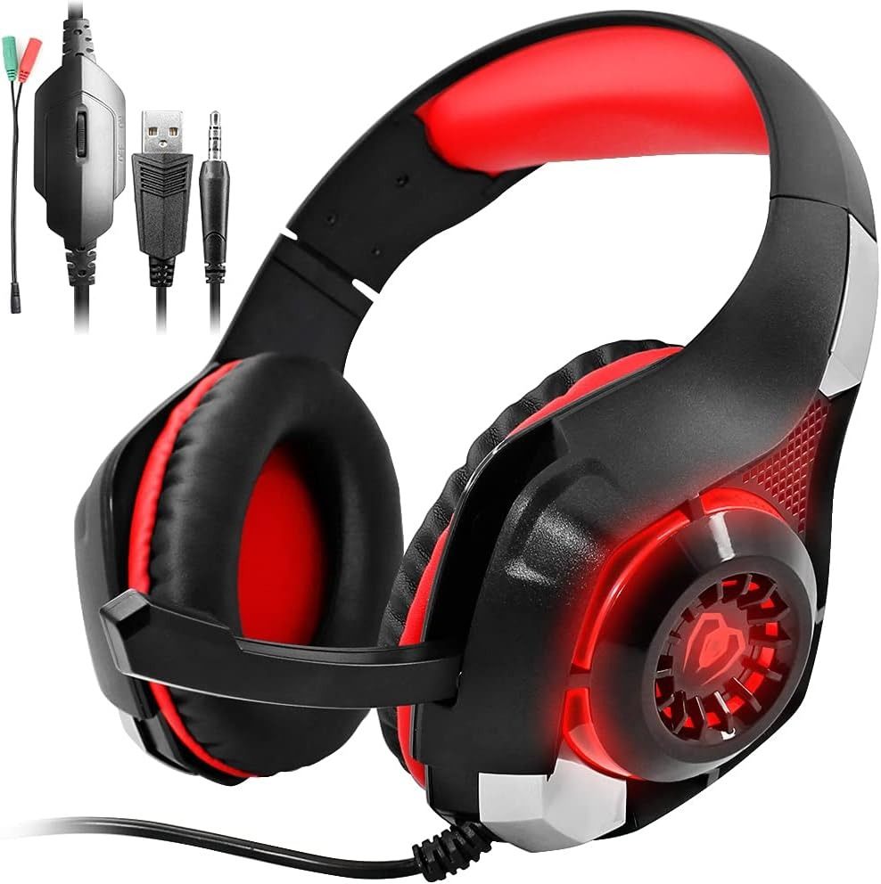 Black and red gaming headset with cables on a white background