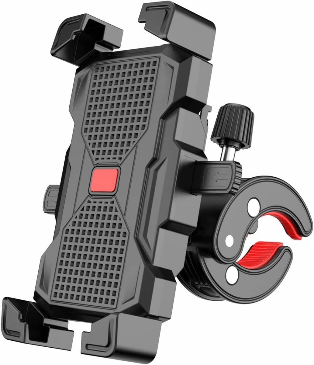 Black and gray phone mount with red accents on a white background