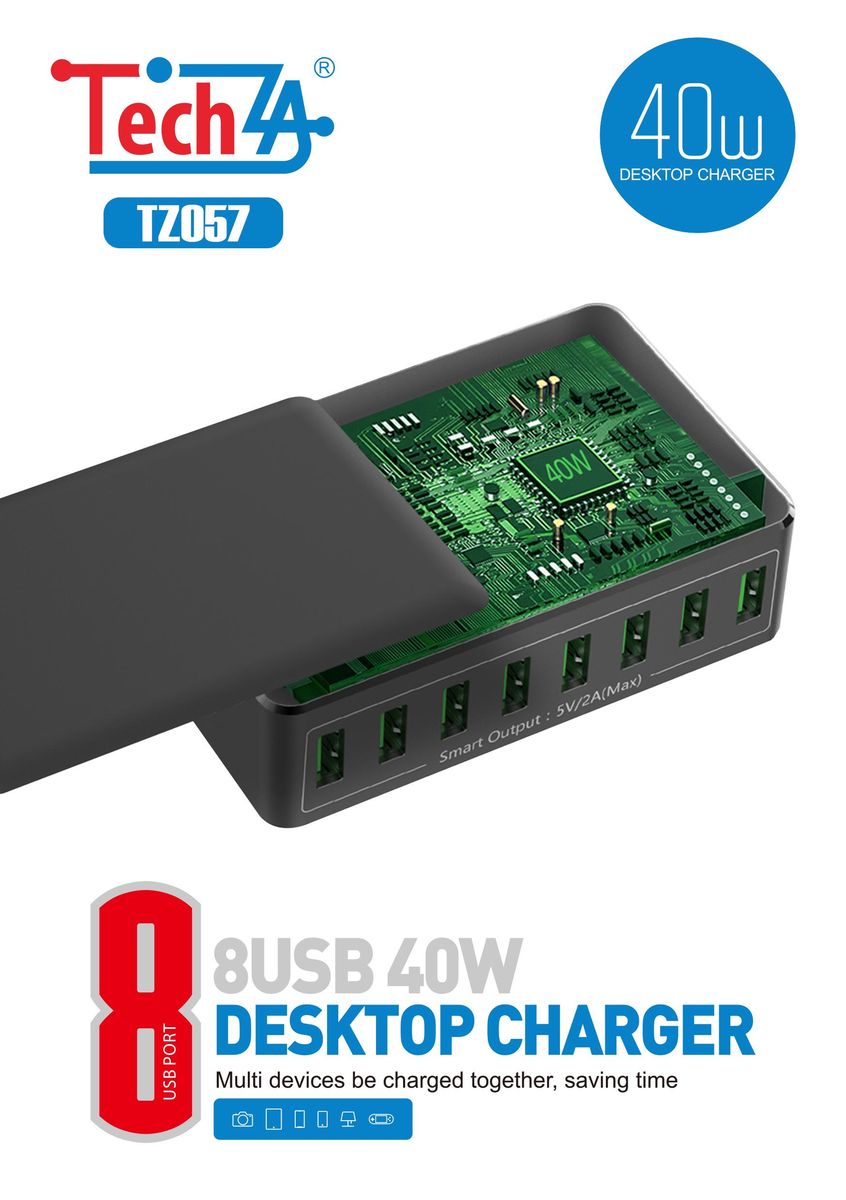 8-USB 40W desktop charger with TechZA branding on a white background