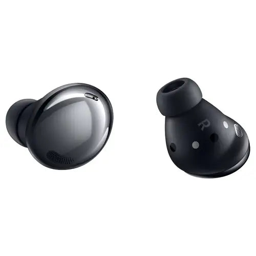 Black wireless earbuds on a white background
