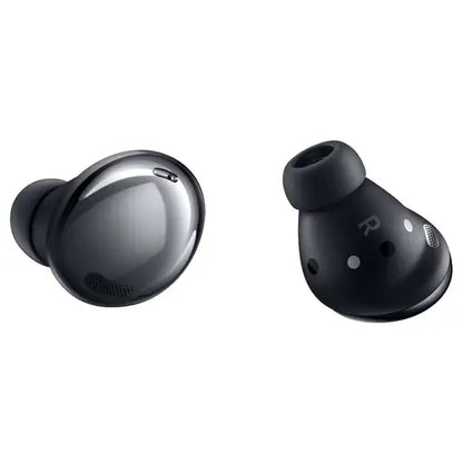 Black wireless earbuds on a white background