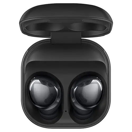 Black wireless earbuds in a open case on a white background