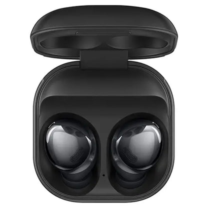 Black wireless earbuds in a open case on a white background