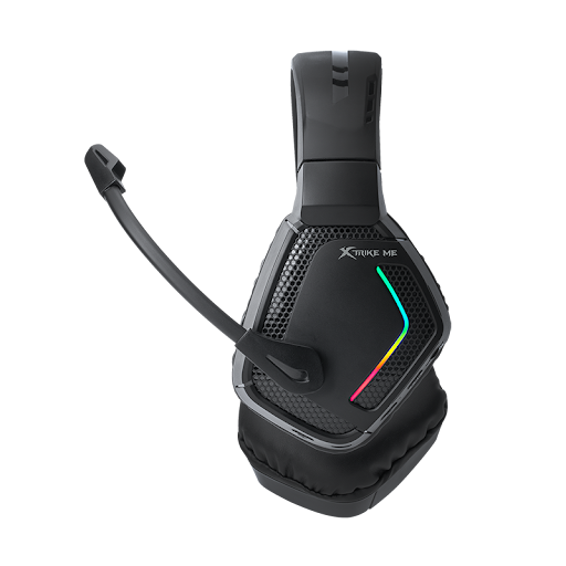 Black gaming headset with RGB lighting on a white background