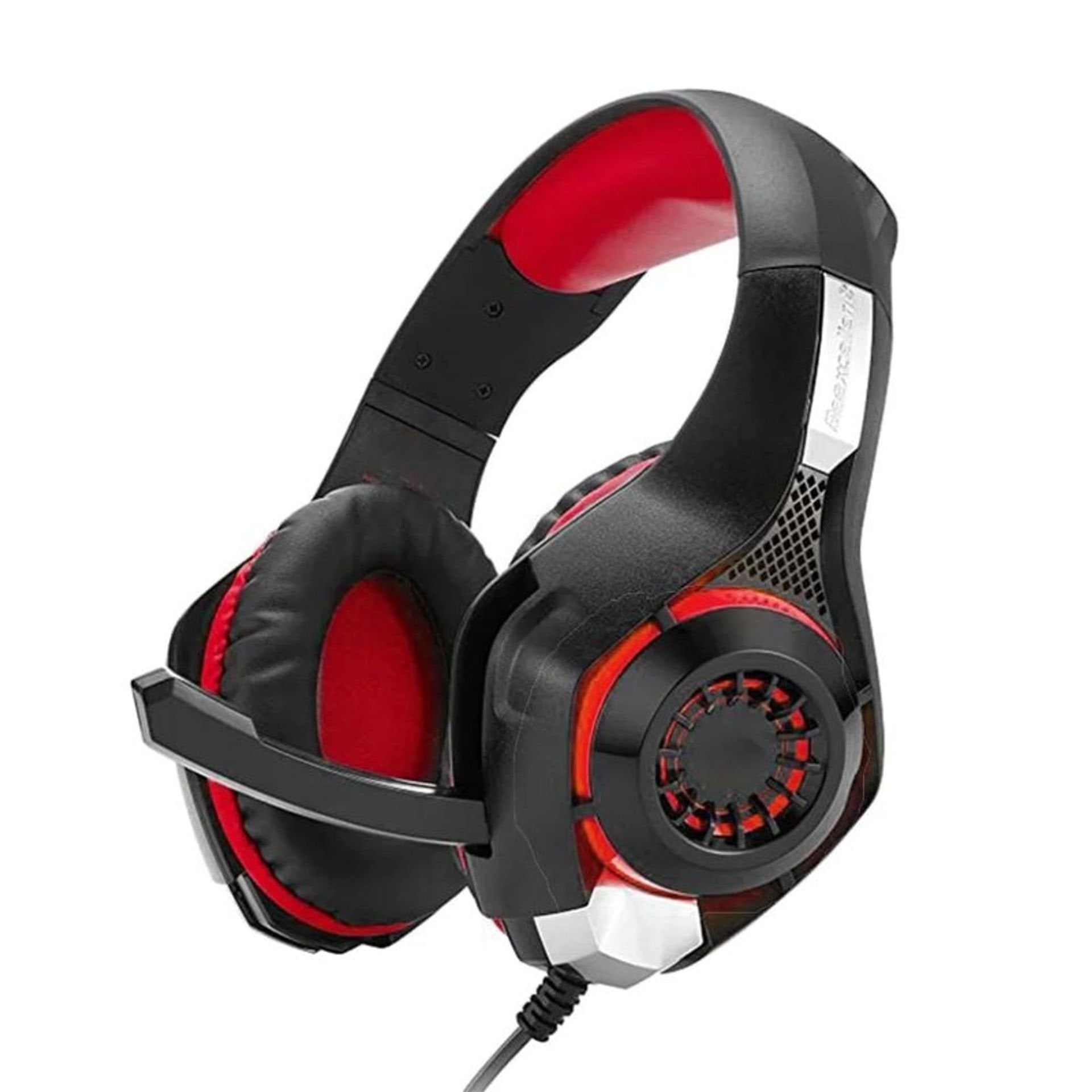 Black and red gaming headset on a white background